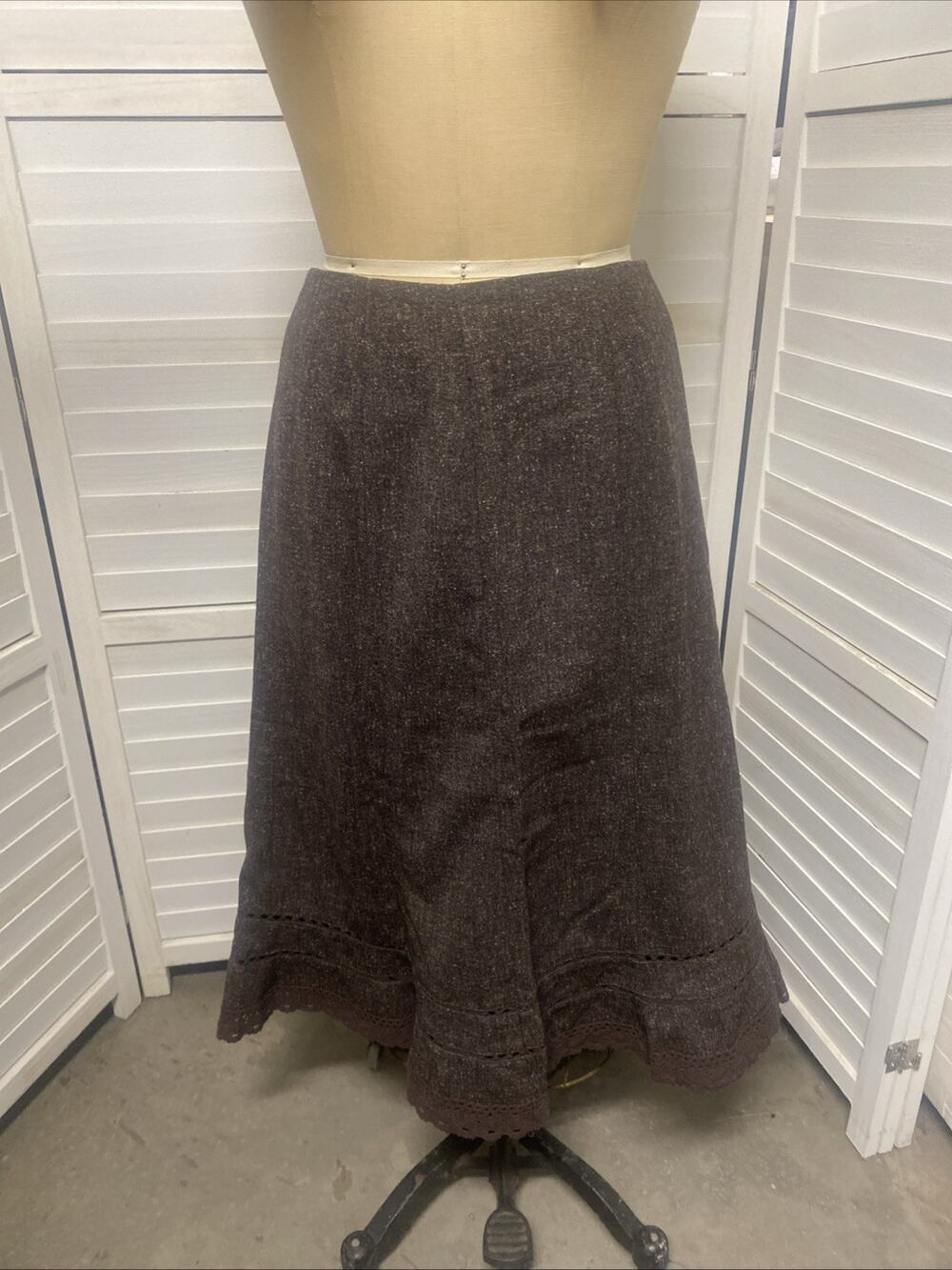 EAST 5th Brown Tweed Lace Hem A-Line Skirt Size 14 R1 Grunge Whimsigoth Cottage